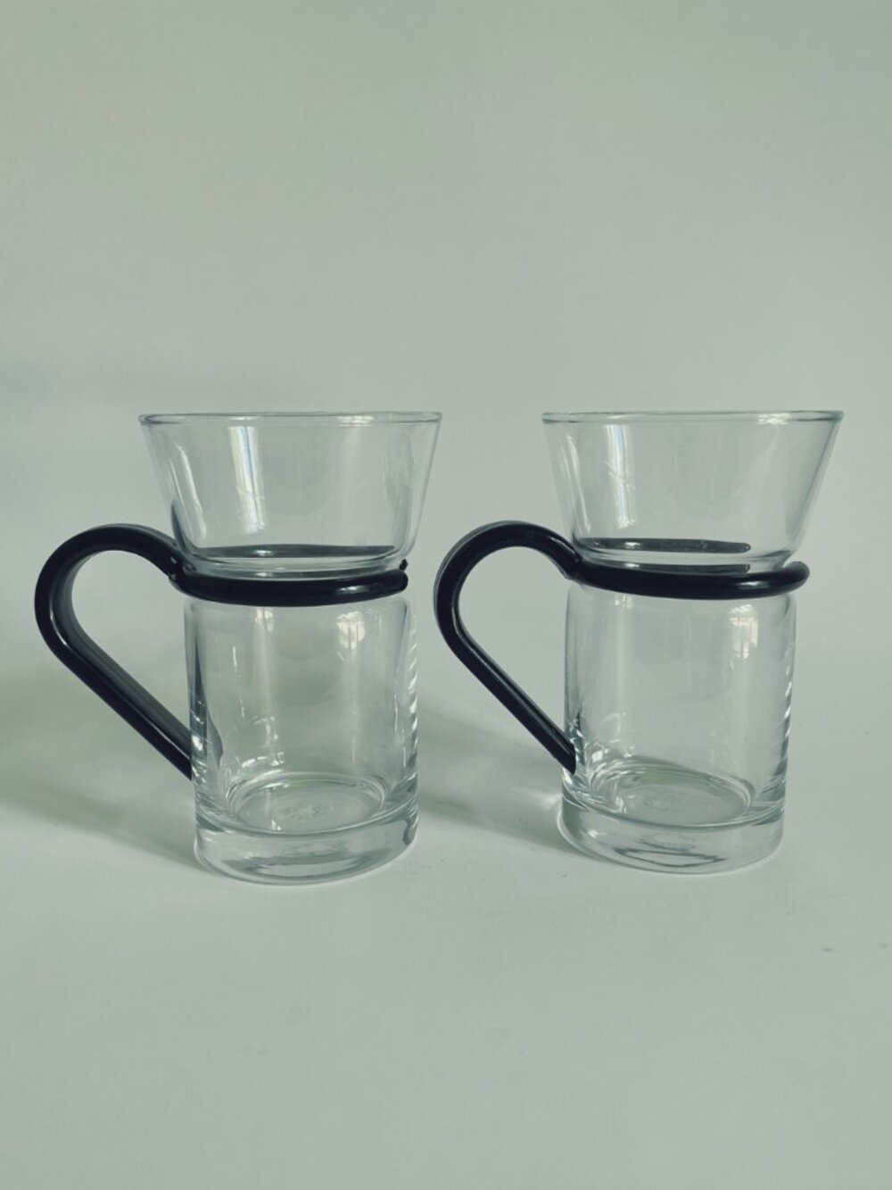 Vintage "Inspiration" Glass Mugs - Pair of 1980s Postmodern Clear Coffee Cups wi
